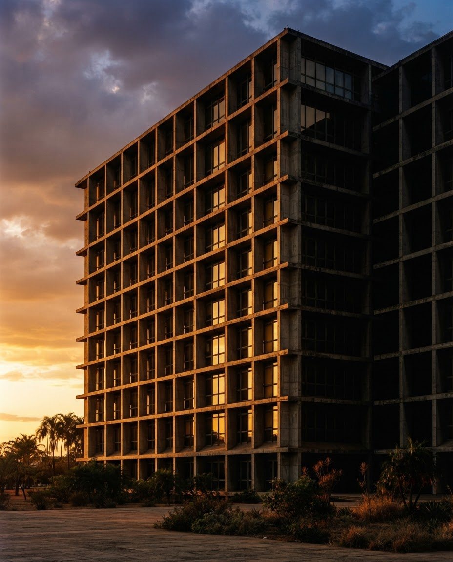 Fachada de edifício em concreto ao entardecer