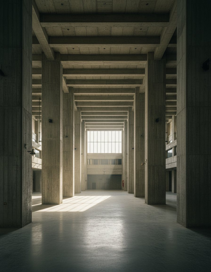 Corredor monumental em concreto com colunas