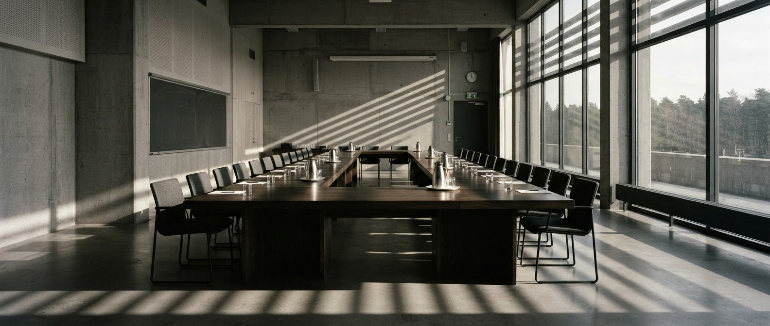 Sala de reunião institucional com mesa longa