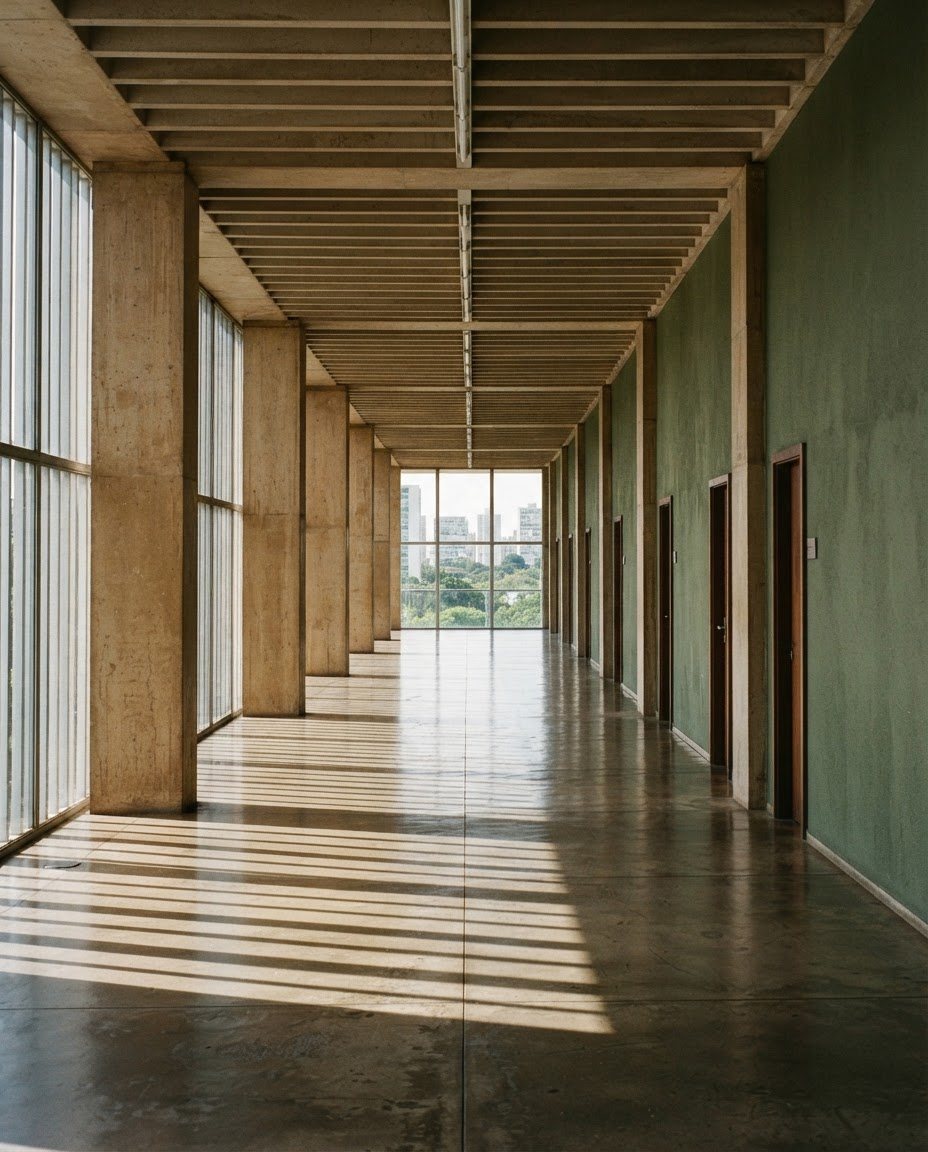 Corredor de ambiente institucional com luz natural